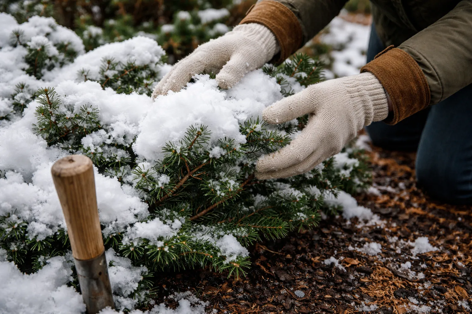 Gros plan de mains gantées retirant délicatement la neige d'une branche de persistant.