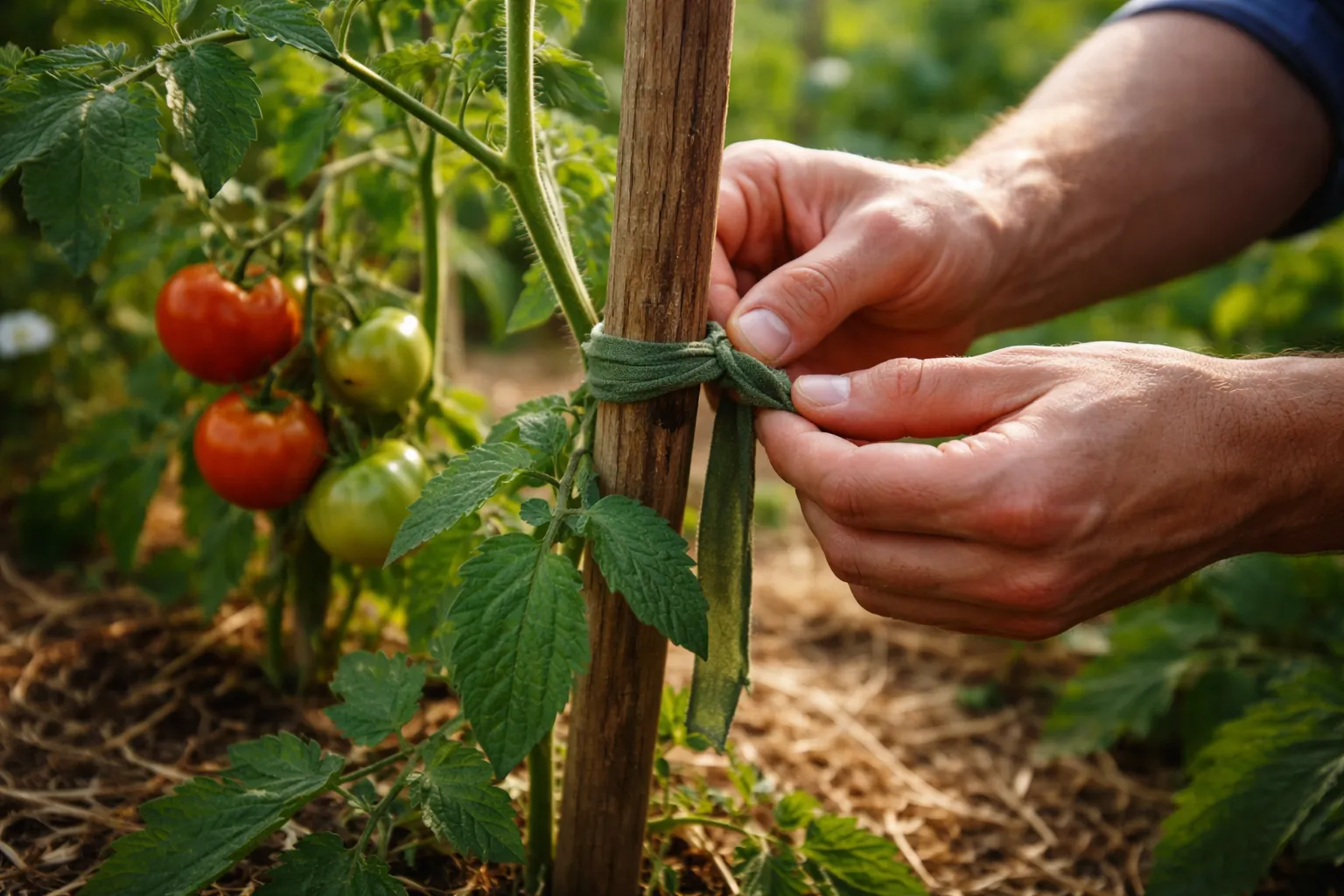 Gros plan sur des mains qui attachent délicatement une tige de tomate à un tuteur avec un lien souple.