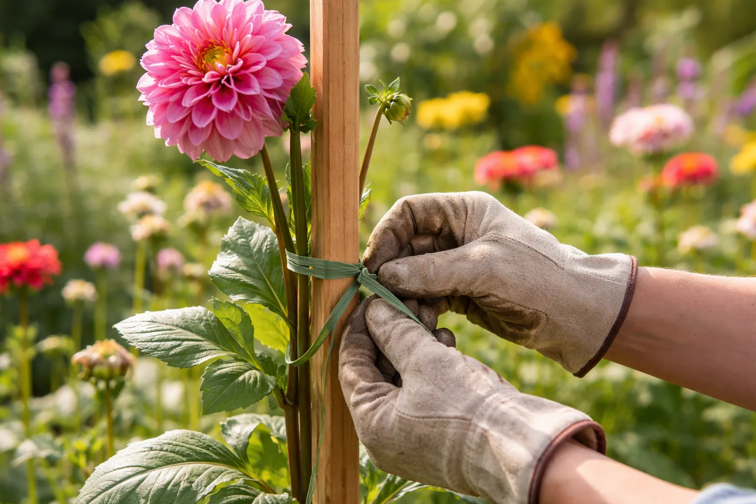 Gros plan sur des mains gantées attachant délicatement une tige de dahlia à un tuteur en bois avec un lien souple.