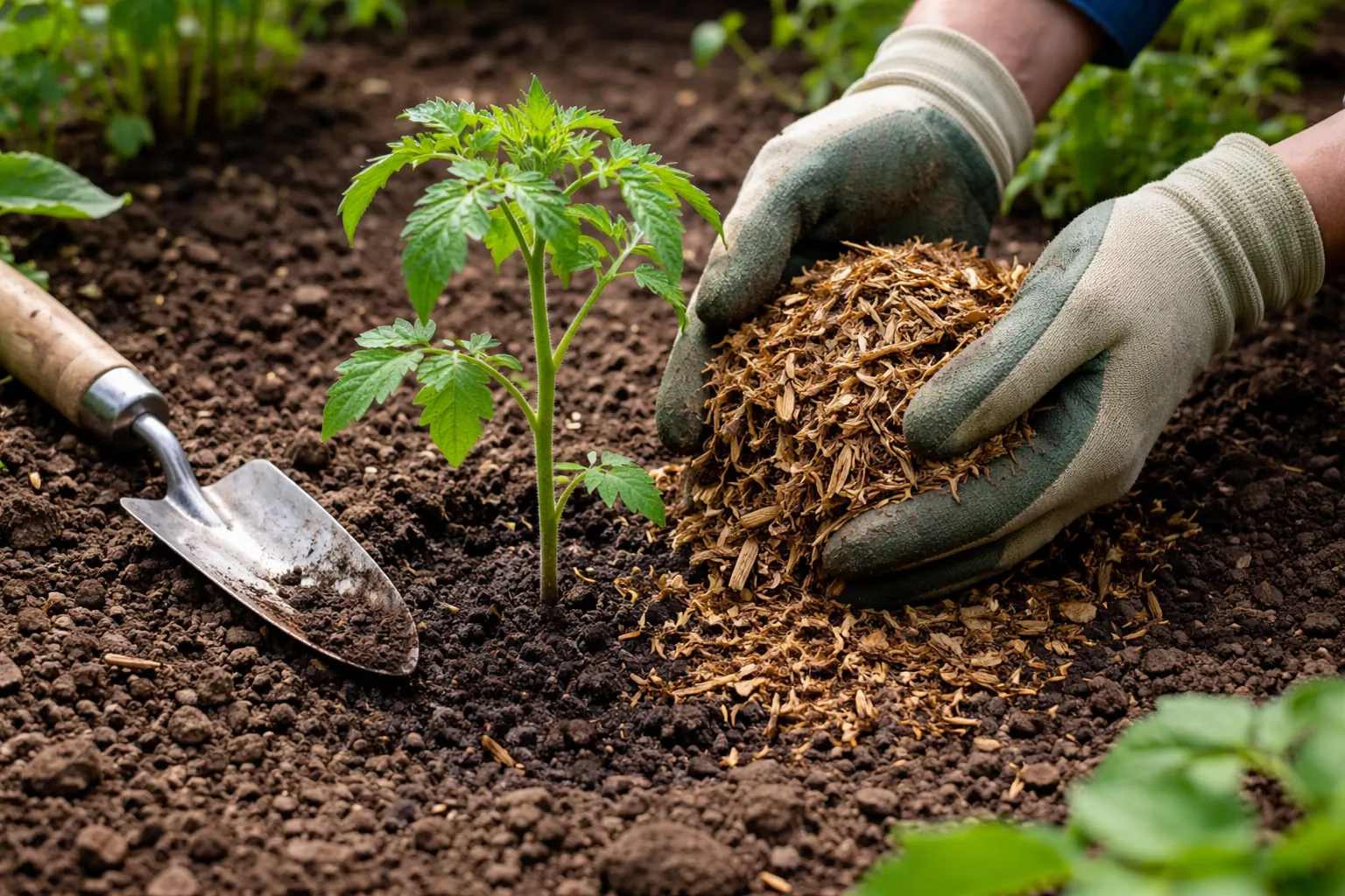 Des mains gantées étalent du paillage autour d'un jeune plant de tomate dans un potager.