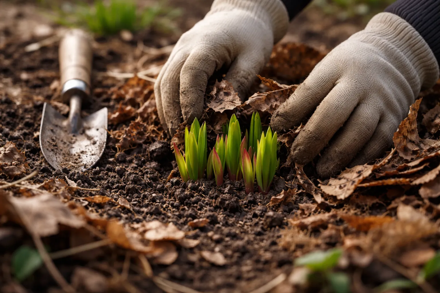 Des mains gantées dégagent délicatement les feuilles sèches autour de jeunes pousses de vivaces.