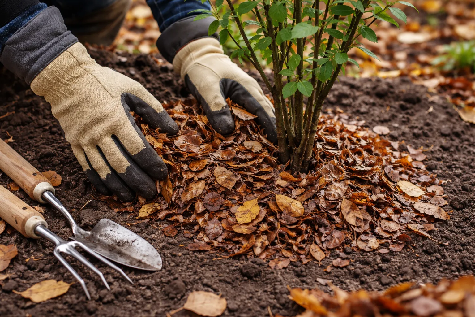 Gros plan de mains gantées étalant des feuilles broyées au pied d'un jeune arbuste.