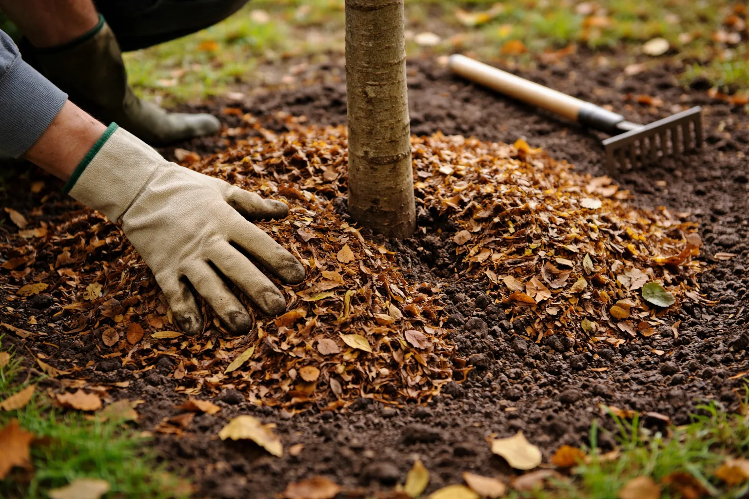 Gros plan sur des mains gantées déposant des feuilles broyées en paillage autour d'un jeune arbre, sans toucher son tronc.