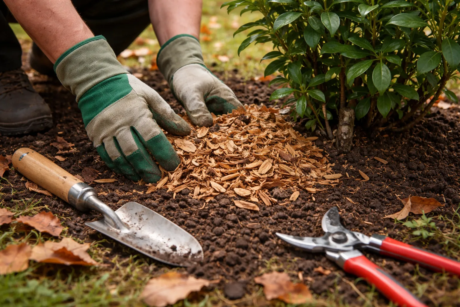 Gros plan sur des mains gantées déposant du broyat au pied d'un arbuste dans un jardin.
