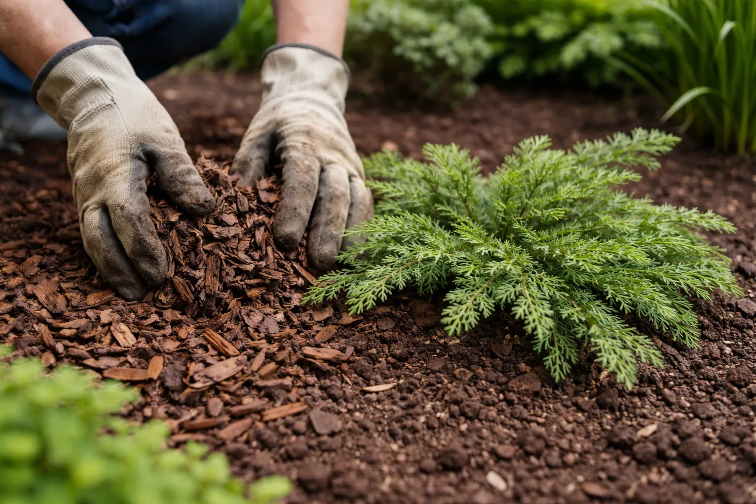 Gros plan sur des mains gantées qui étalent un paillage autour d'un jeune microbiota planté dans une terre drainée.