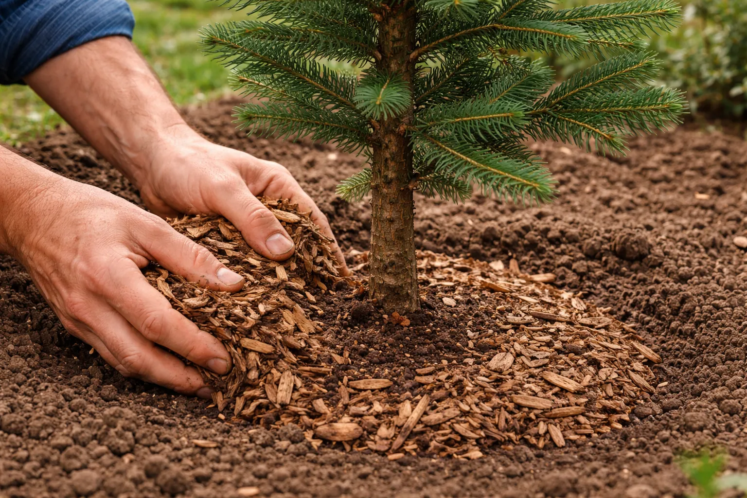 Gros plan sur des mains qui répartissent un paillage autour d'un jeune sapin, sans le coller au tronc.