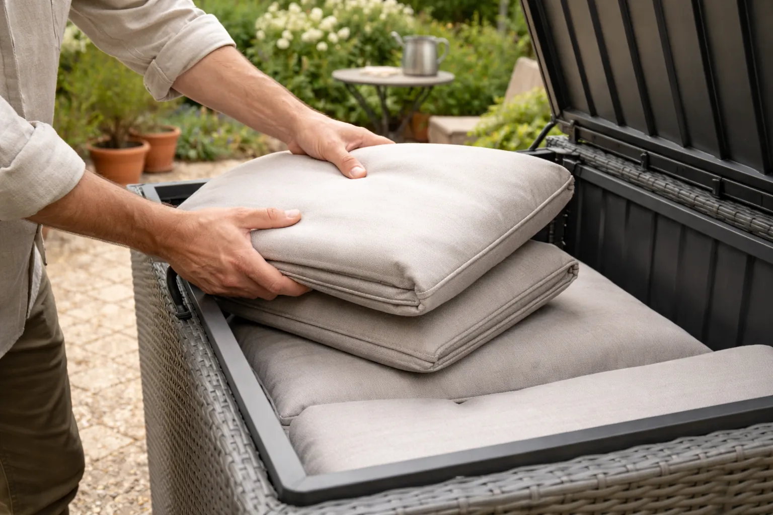 Gros plan sur des mains rangeant un coussin d'extérieur dans un coffre de jardin sec.