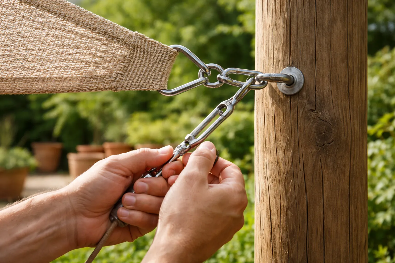 Gros plan sur des mains fixant une voile d'ombrage à un poteau en bois dans un jardin.
