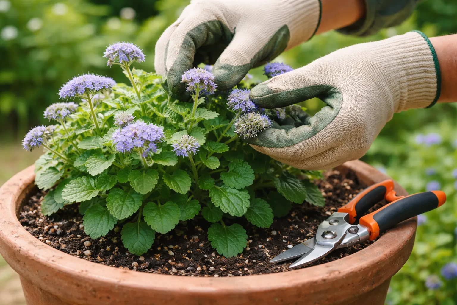 Gros plan sur des mains retirant des fleurs fanées d'agérate bleue dans une potée en terre cuite.