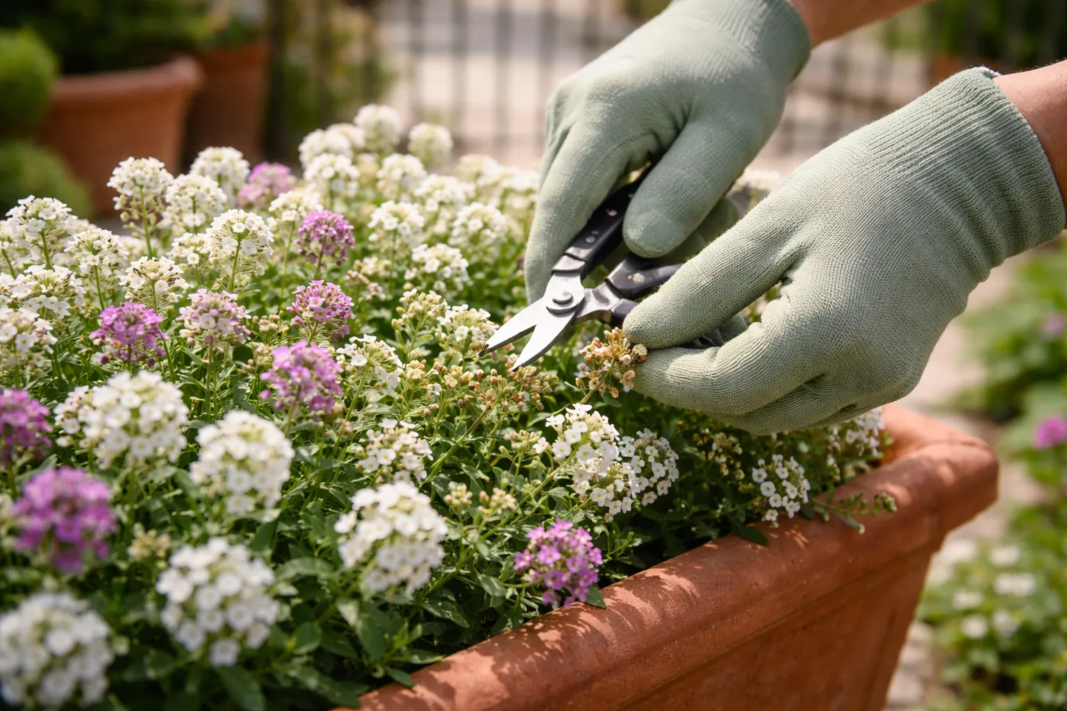 Gros plan de mains gantées raccourcissant des fleurs fanées d'alyssum dans une jardinière en terre cuite.