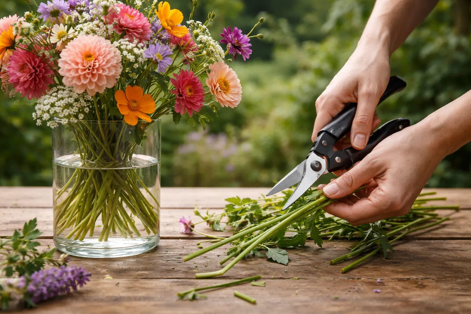 Gros plan sur des mains recoupant des tiges de fleurs annuelles avec un sécateur près d'un vase propre rempli d'eau.