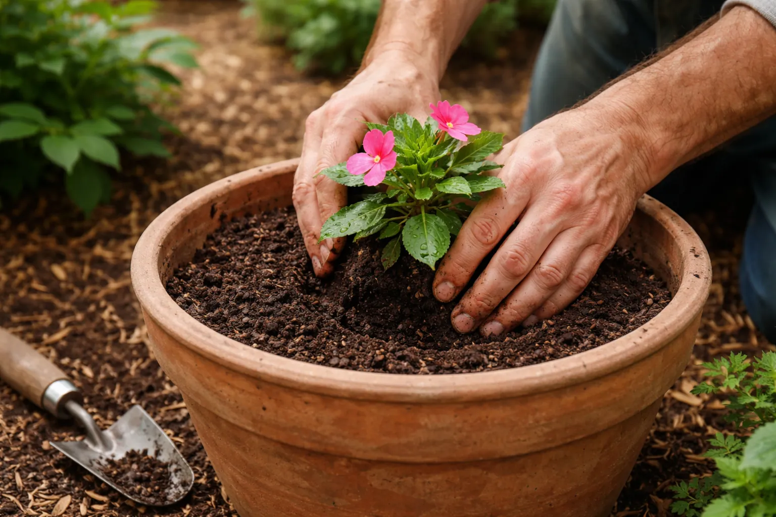Gros plan sur des mains installant un jeune impatiens dans une jardinière en terre cuite garnie de terreau.