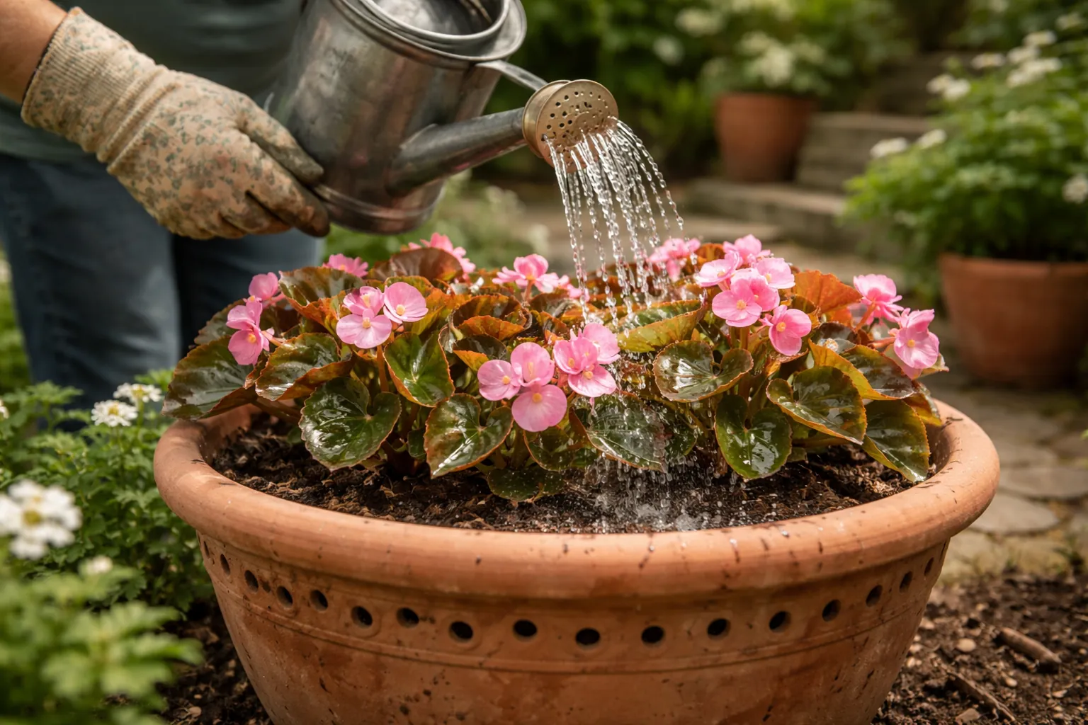 Gros plan sur des mains arrosant au pied des bégonias fibreux dans une potée en terre cuite.