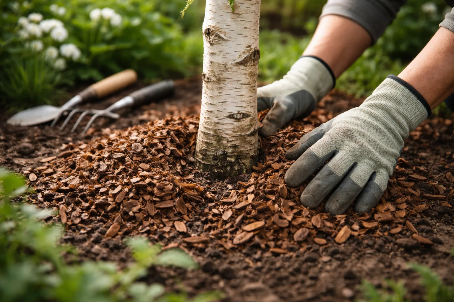 Gros plan de mains gantées répartissant un paillage organique autour d'un jeune bouleau sans toucher son écorce.