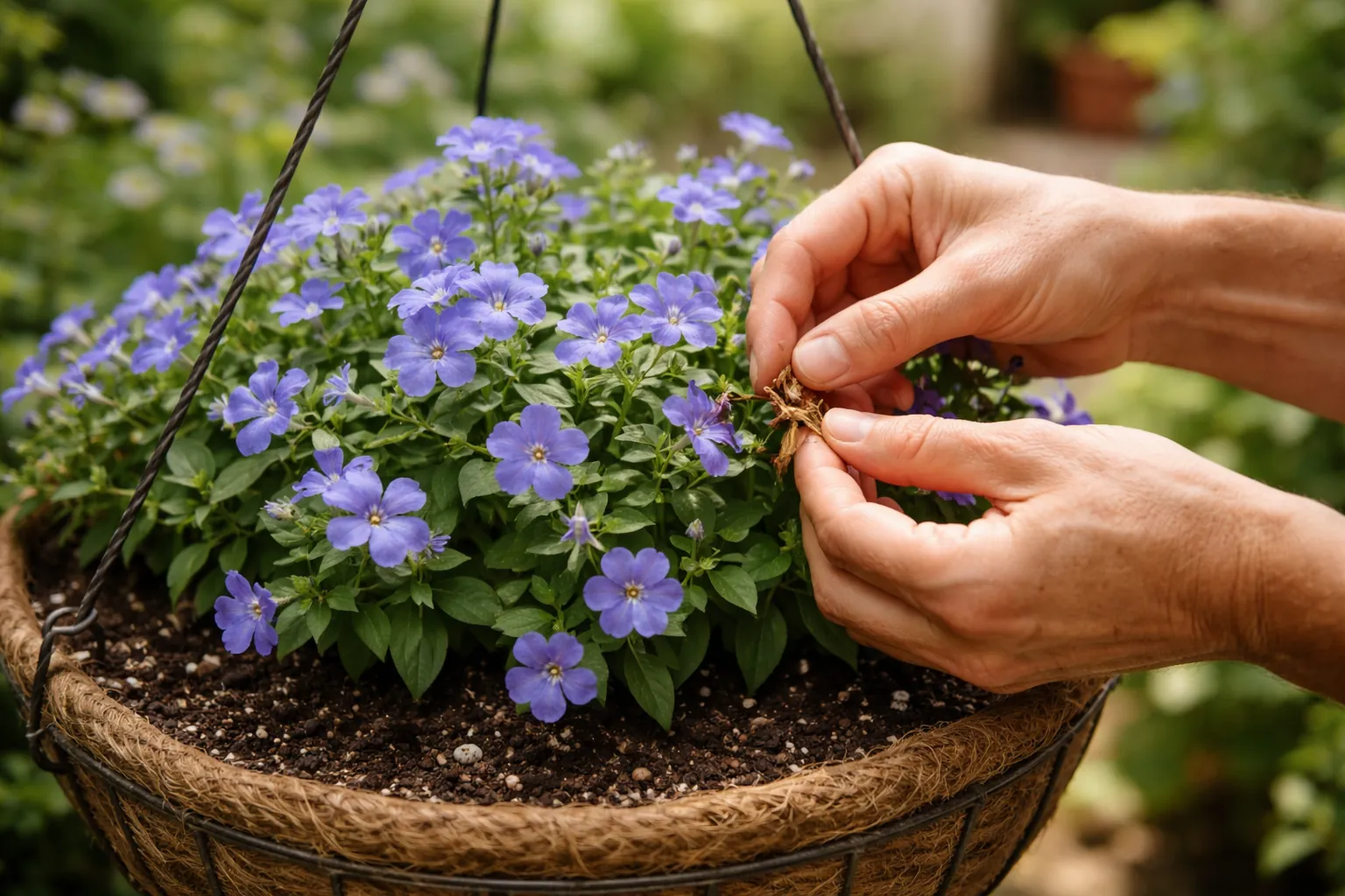 Gros plan sur des mains retirant les fleurs fanées d'un browallia bleu cultivé en suspension.