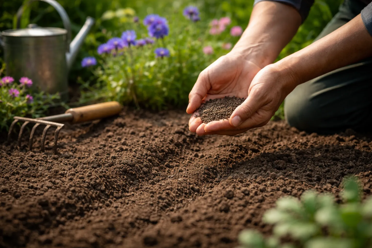 Gros plan sur des mains qui sèment des graines de centaurée sur une terre fine et nivelée.