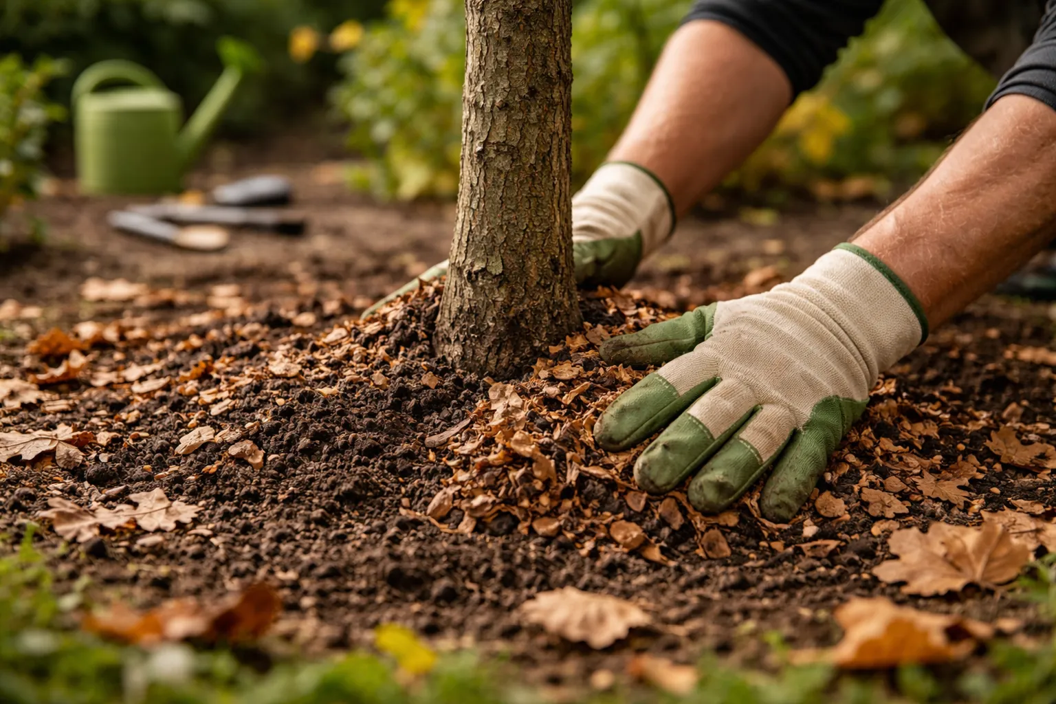 Gros plan de mains gantées déposant un paillage organique autour d'un jeune chêne sans le coller au tronc.