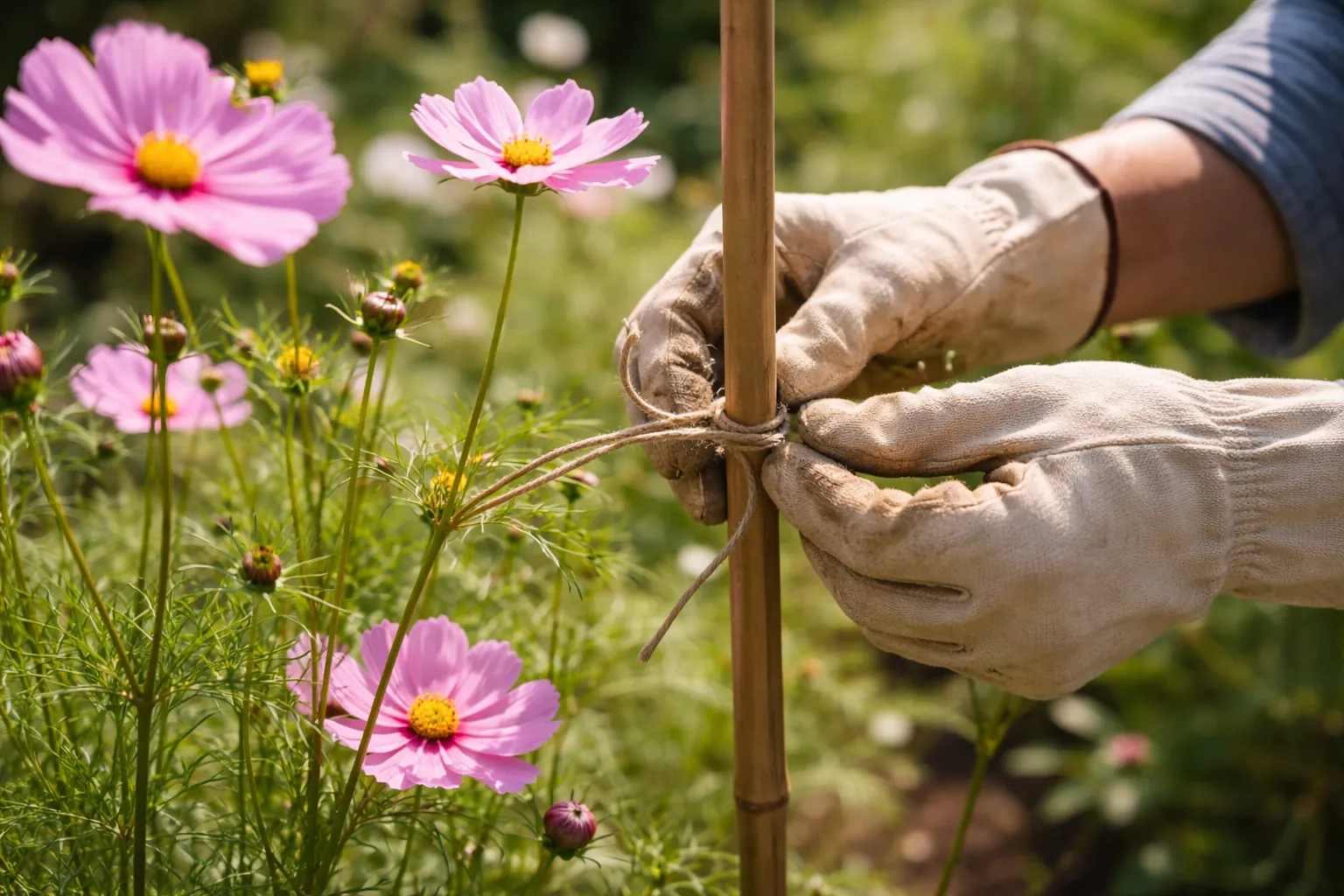 Gros plan de mains gantées attachant souplement des tiges de cosmos à un tuteur fin dans un massif.