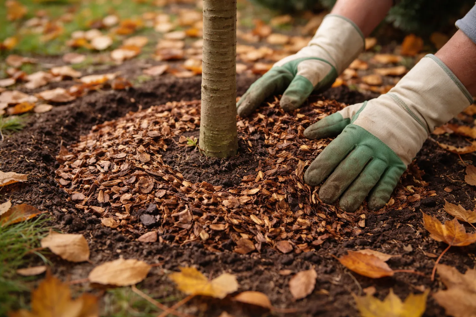Des mains gantées étalent un paillage organique autour d'un jeune érable en laissant le tronc dégagé.