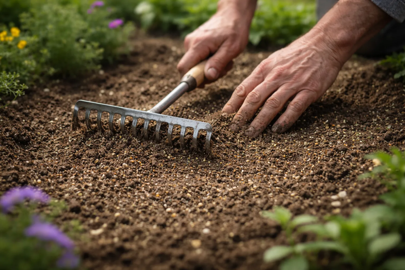Gros plan sur des mains qui recouvrent légèrement des graines de fleurs annuelles avec un râteau dans une terre fine.