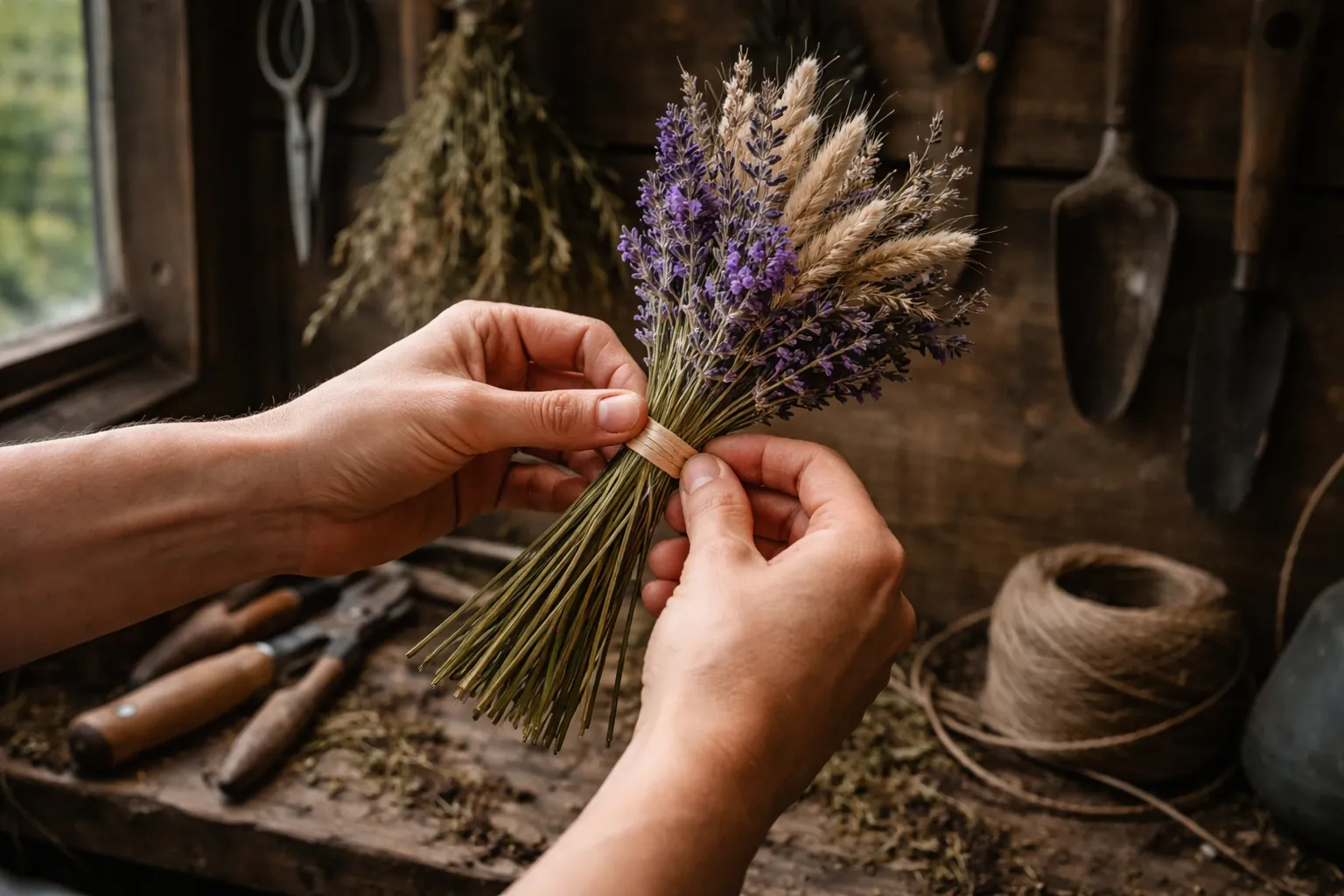 Gros plan sur des mains qui attachent un petit bouquet de lavande, de statice et de graminées avant le séchage.