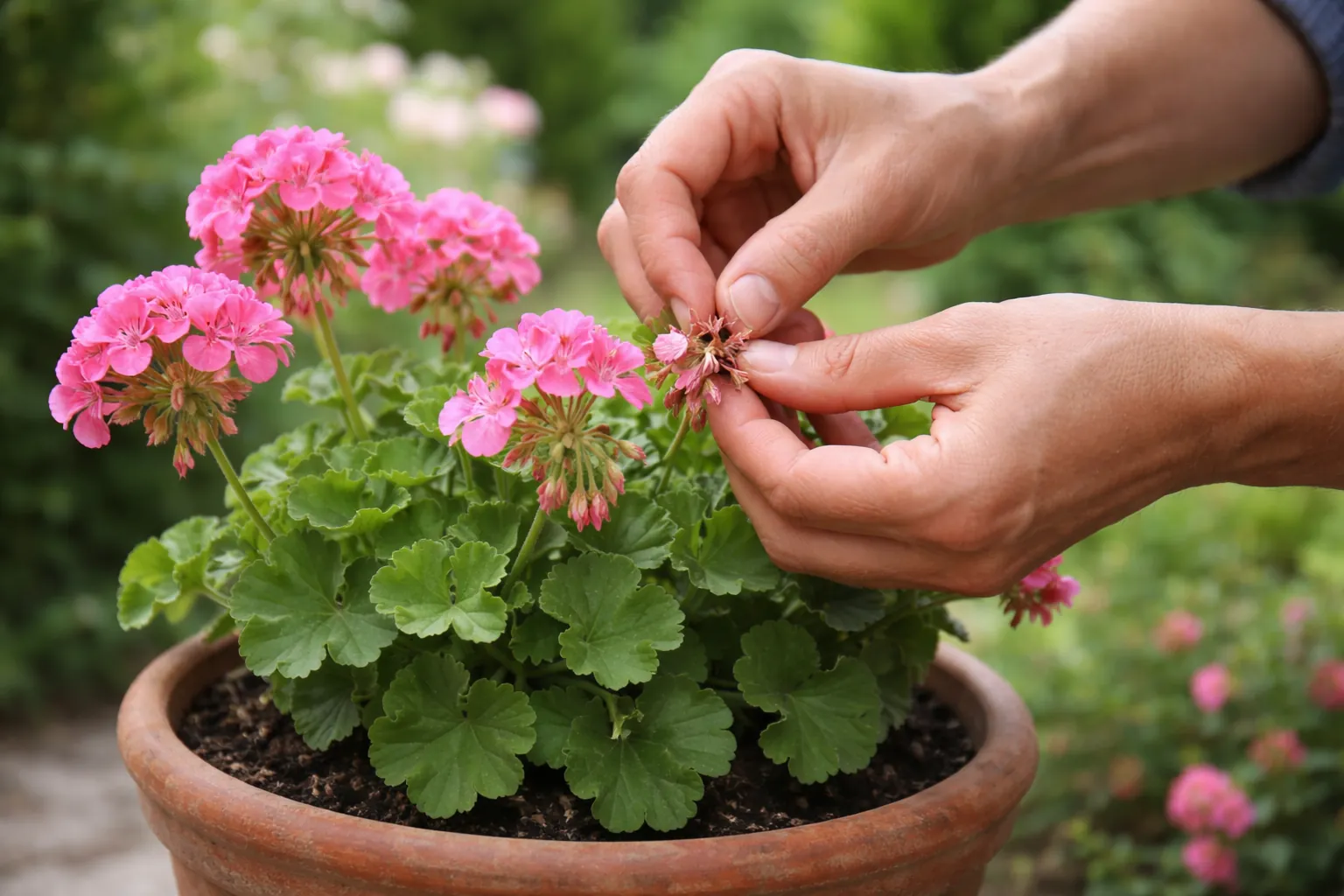 Gros plan sur des mains retirant des fleurs fanées d'un pélargonium en pot.
