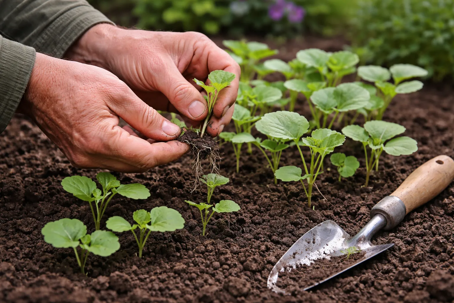Gros plan sur des mains éclaircissant de jeunes lavatères dans une terre fine au jardin.