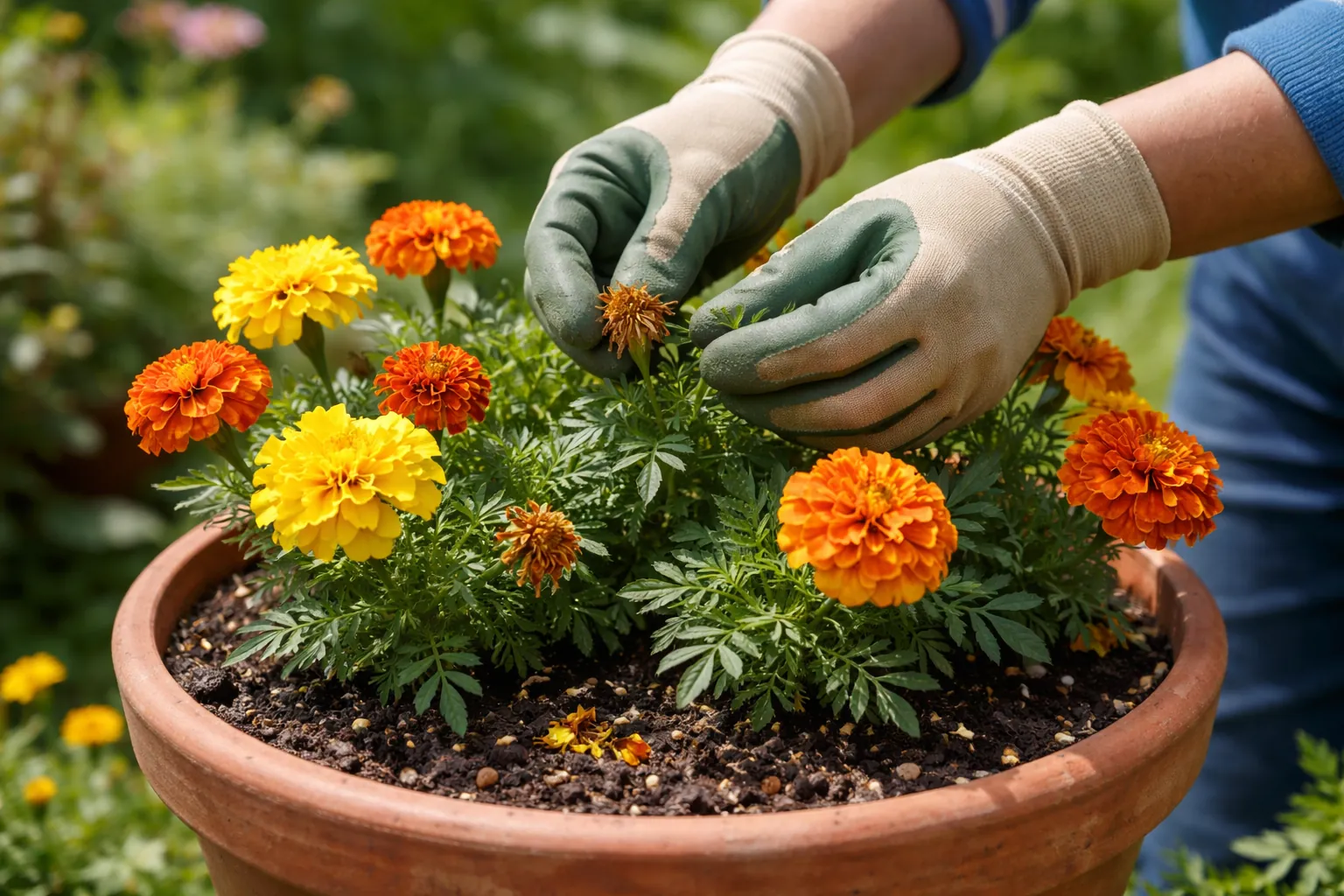 Gros plan sur des mains retirant des fleurs fanées d'œillets d'Inde dans une potée en terre cuite.