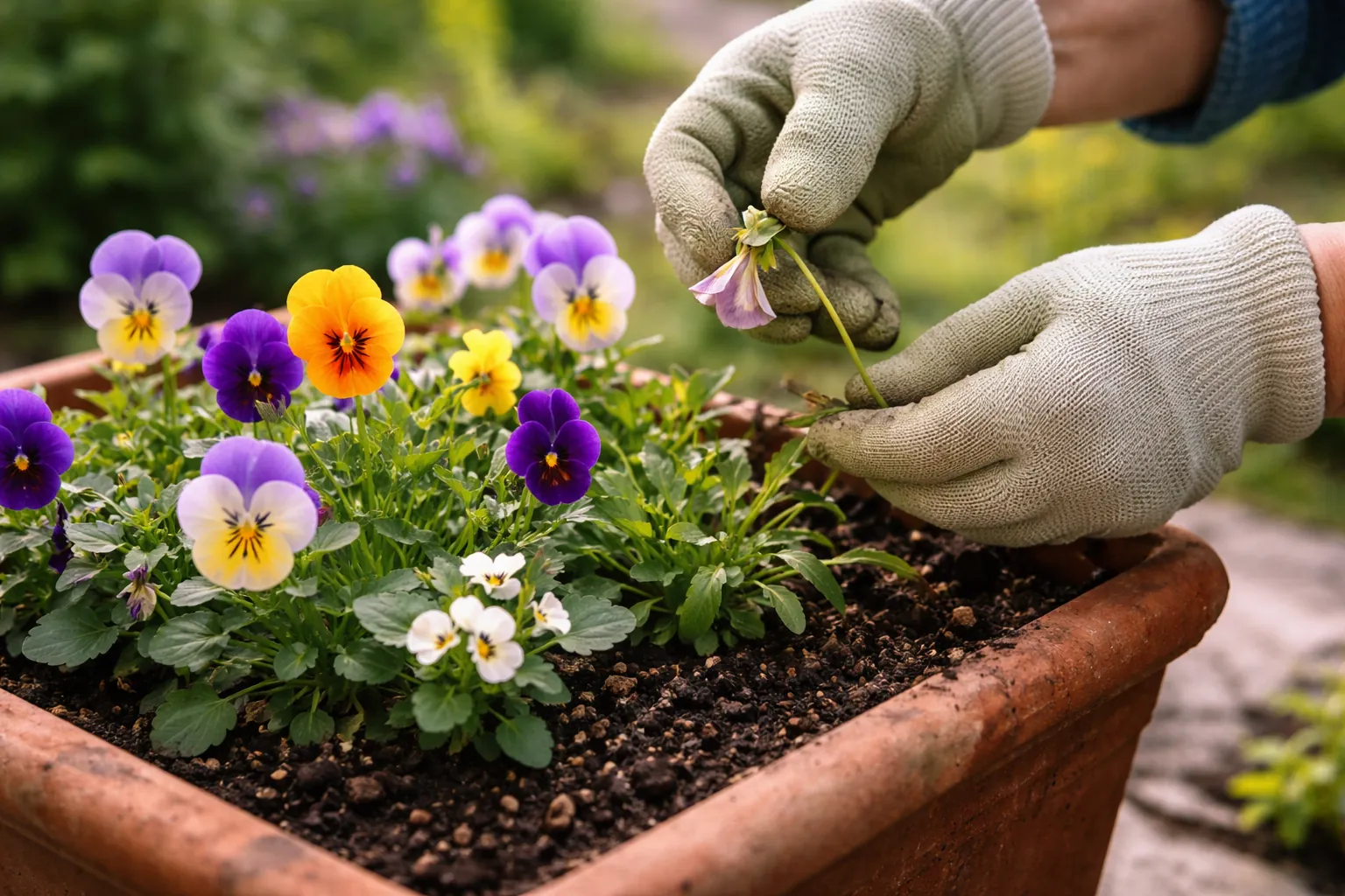 Gros plan de mains gantées retirant une fleur fanée de pensée dans une potée en terre cuite.