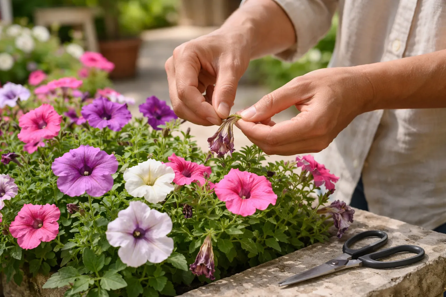 Gros plan sur des mains retirant une fleur fanée de pétunia au-dessus d'une jardinière fleurie.