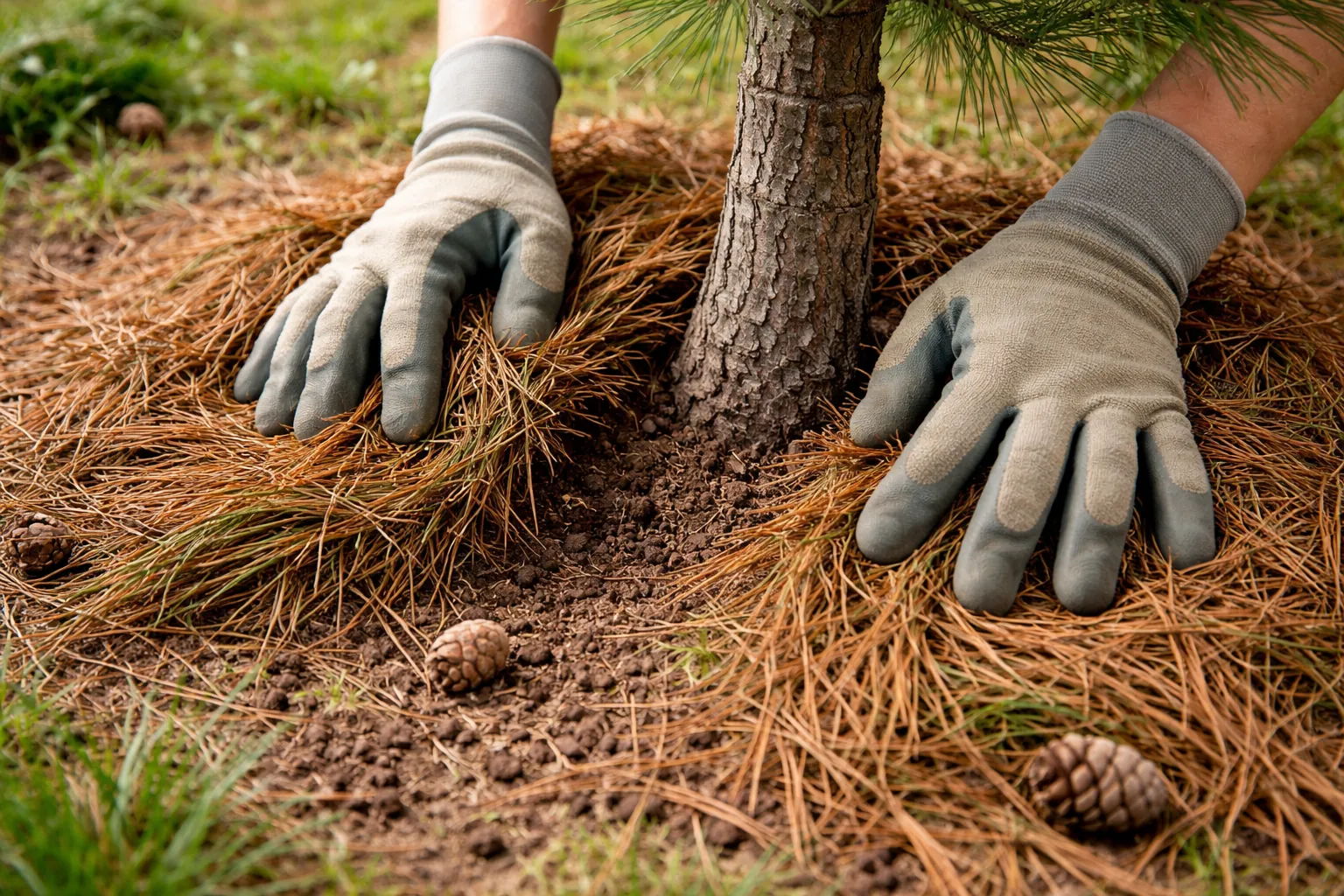 Gros plan de mains gantées répartissant des aiguilles de pin en paillage autour d'un jeune arbre, sans couvrir le tronc.