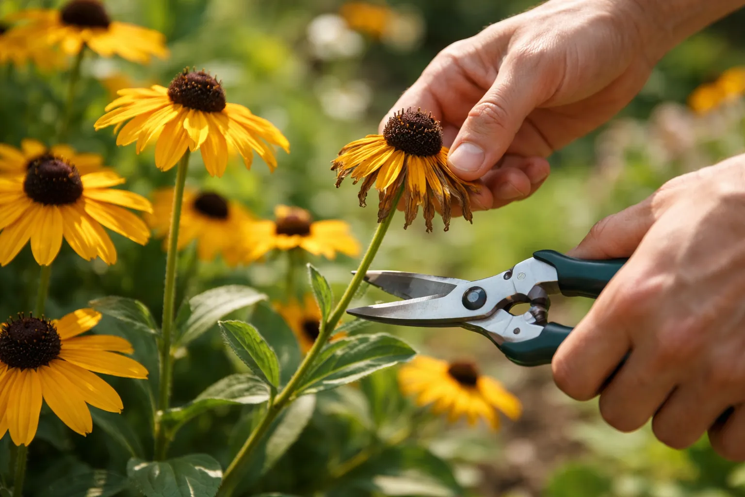 Gros plan sur des mains retirant une fleur fanée de rudbeckia dans un massif ensoleillé.