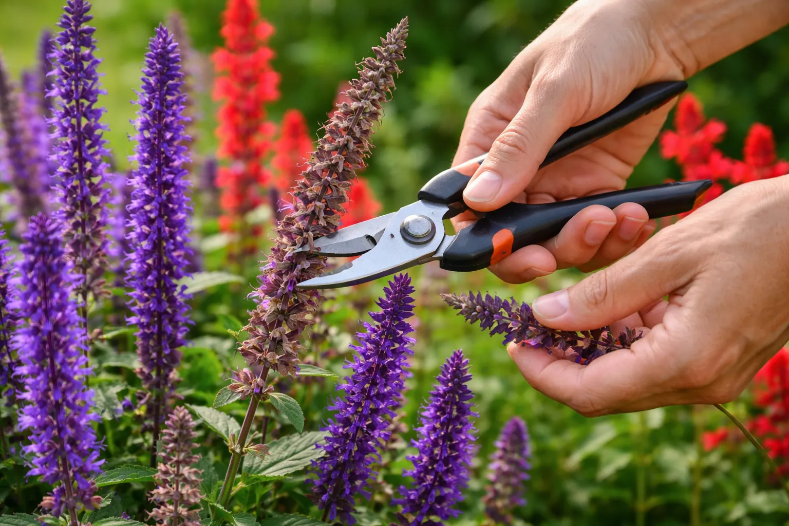 Gros plan sur des mains retirant un épi fané de salvia avec un sécateur sans marque, au milieu de fleurs colorées.