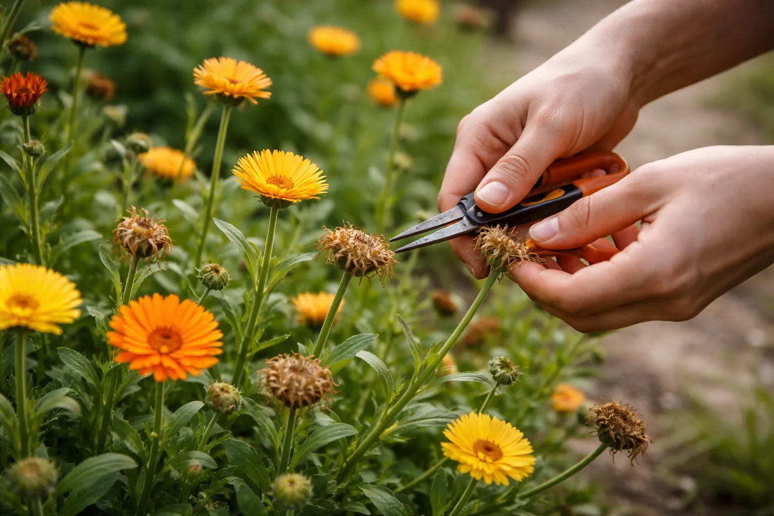 Gros plan de mains retirant des fleurs fanées de souci officinal dans une bordure de jardin.