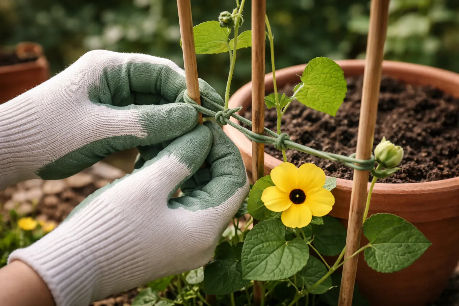 Gros plan sur des mains attachant souplement de jeunes tiges de thunbergia à un treillage.