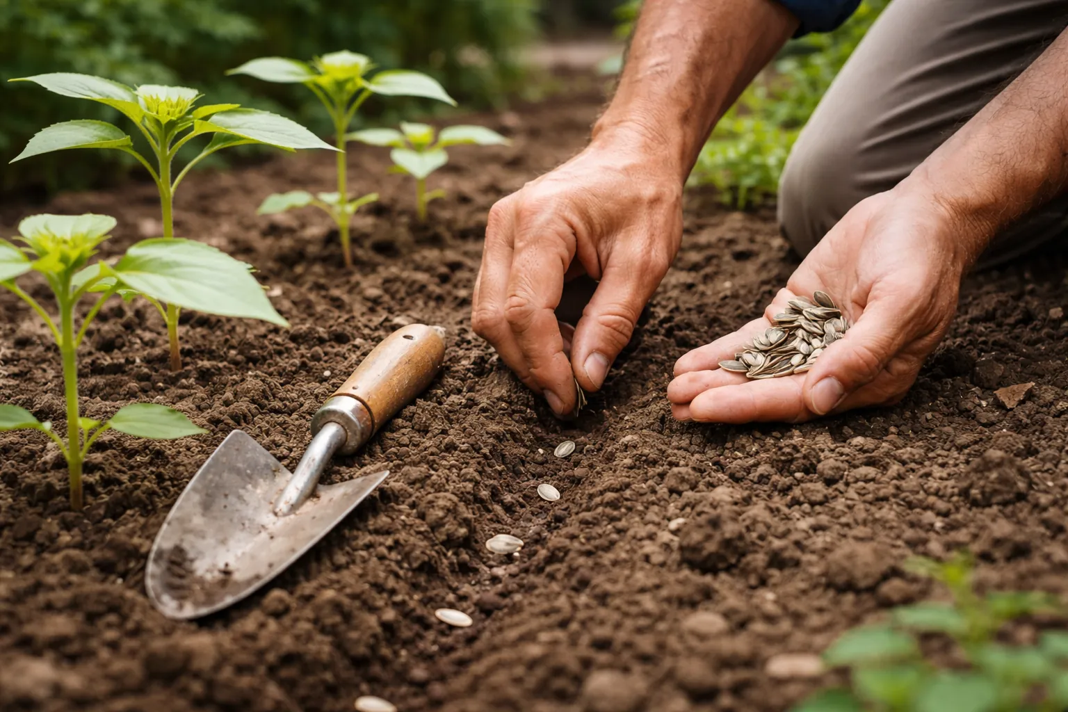 Gros plan sur des mains semant des graines de tournesol dans une terre ameublie avec un petit transplantoir sans marque.