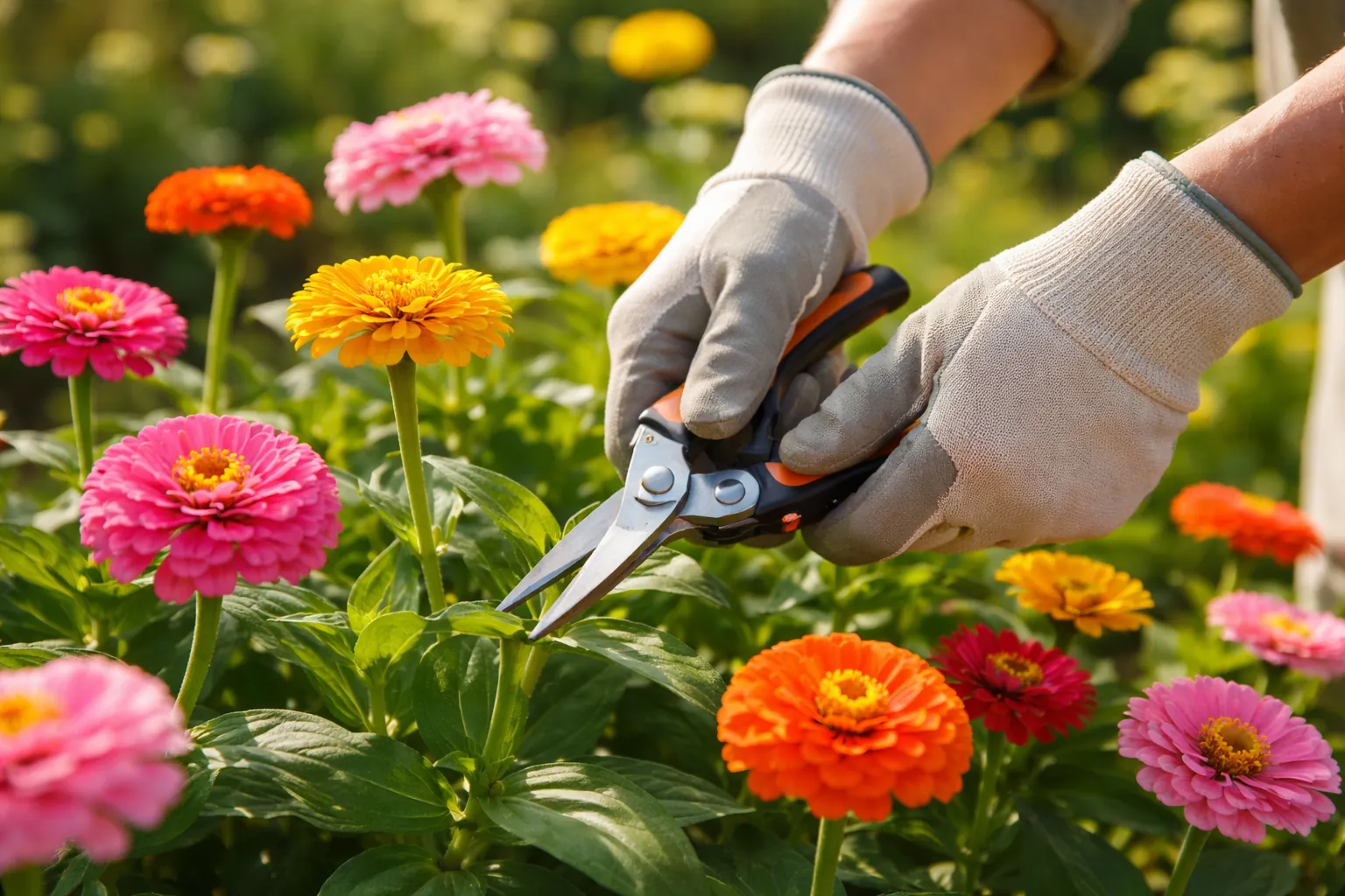 Gros plan sur des mains gantées coupant une tige de zinnia avec un sécateur propre.