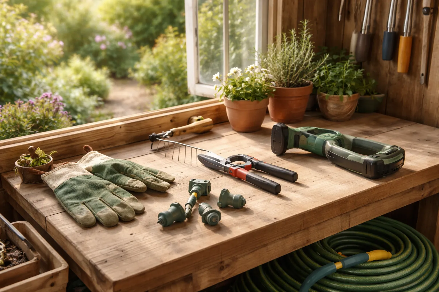 Outils de jardin propres disposés sur un établi dans un abri
