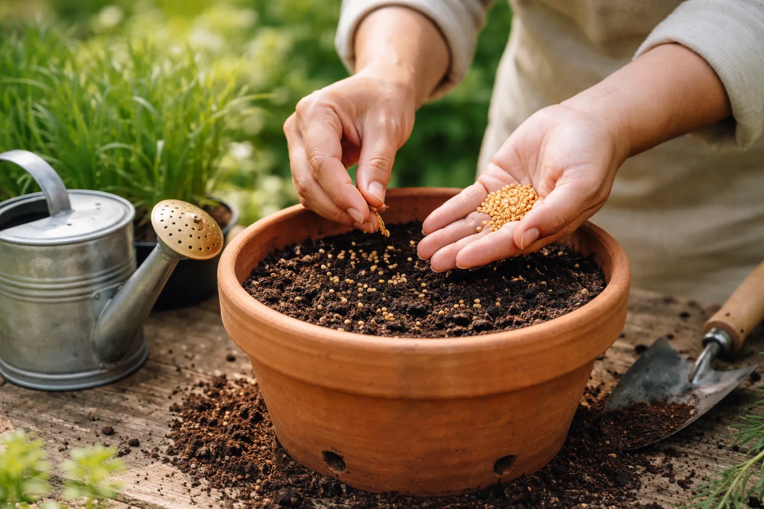 Gros plan sur des mains semant des graines de céréales dans un pot en terre rempli de terreau propre.