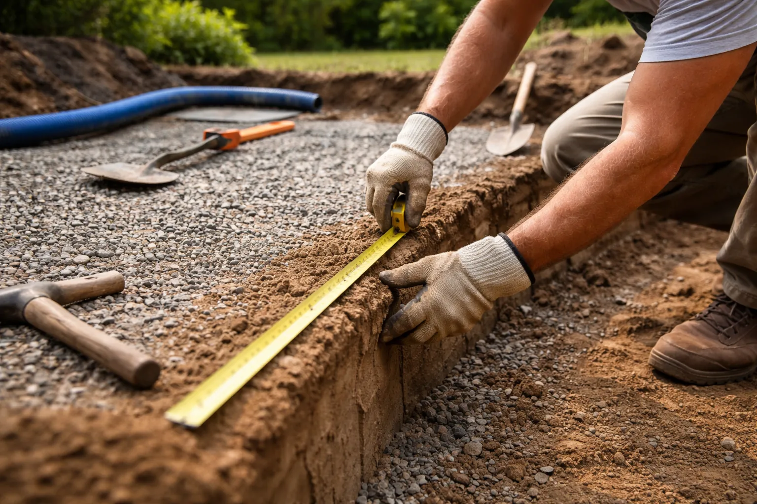 Gros plan de mains gantées mesurant le bord d'une excavation de piscine avec un mètre ruban.