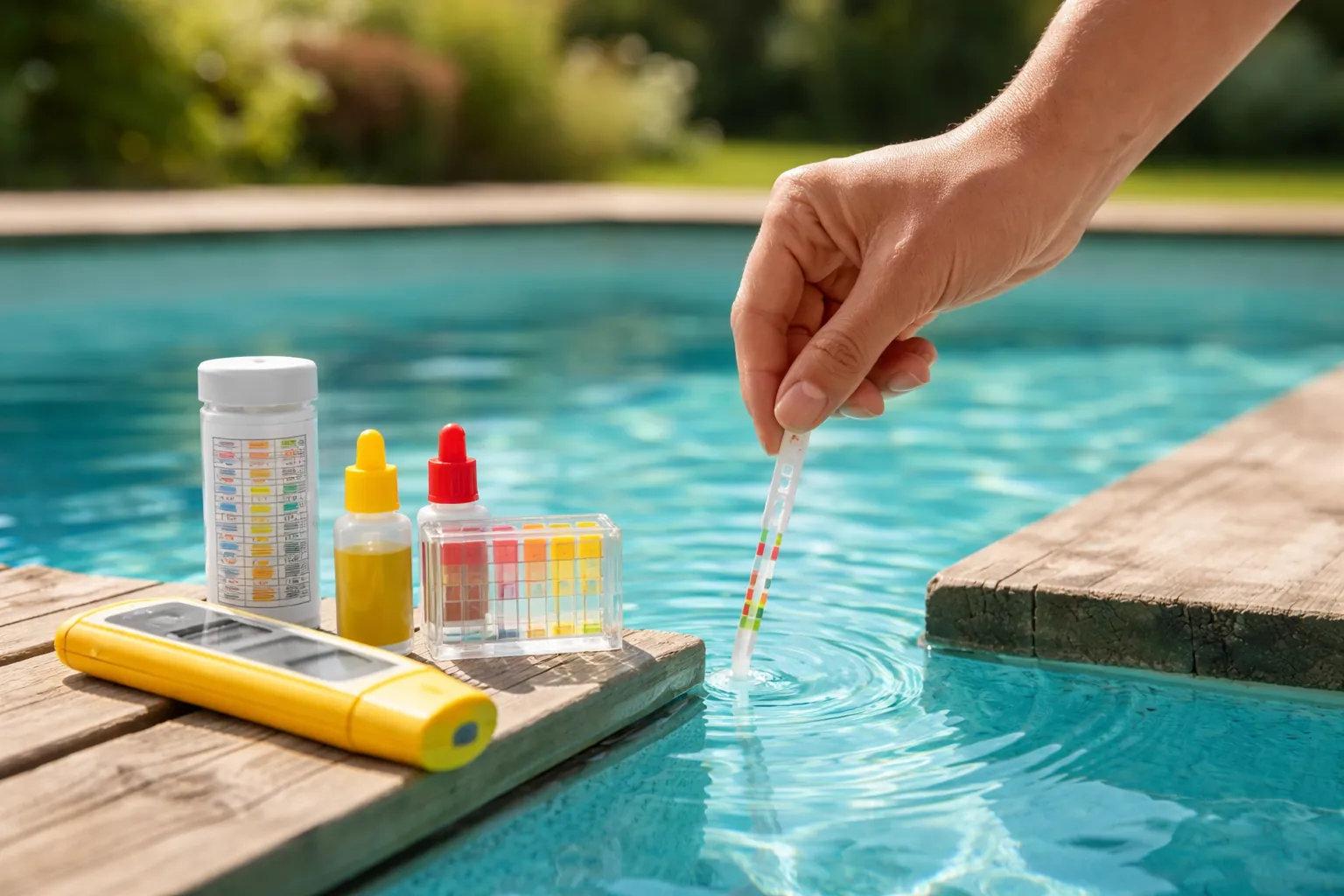 Gros plan sur une main qui plonge une bandelette de test dans l'eau claire d'une piscine hors-sol, avec un testeur de pH posé sur la margelle en bois.
