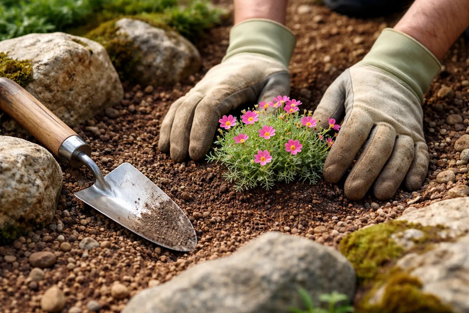 Gros plan sur des mains gantées qui tassent délicatement la terre autour d'une plante de rocaille entre des pierres.