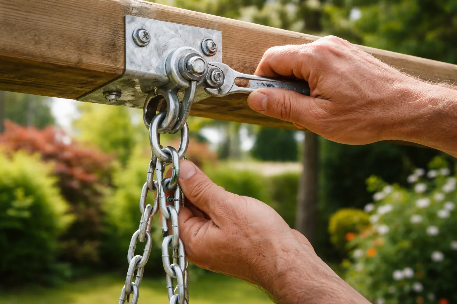 Gros plan sur des mains qui contrôlent une fixation métallique de balançoire sur un portique en bois.