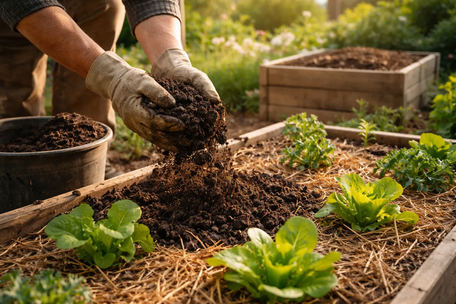 Mains gantées déposant du compost mûr sur une planche de légumes paillée