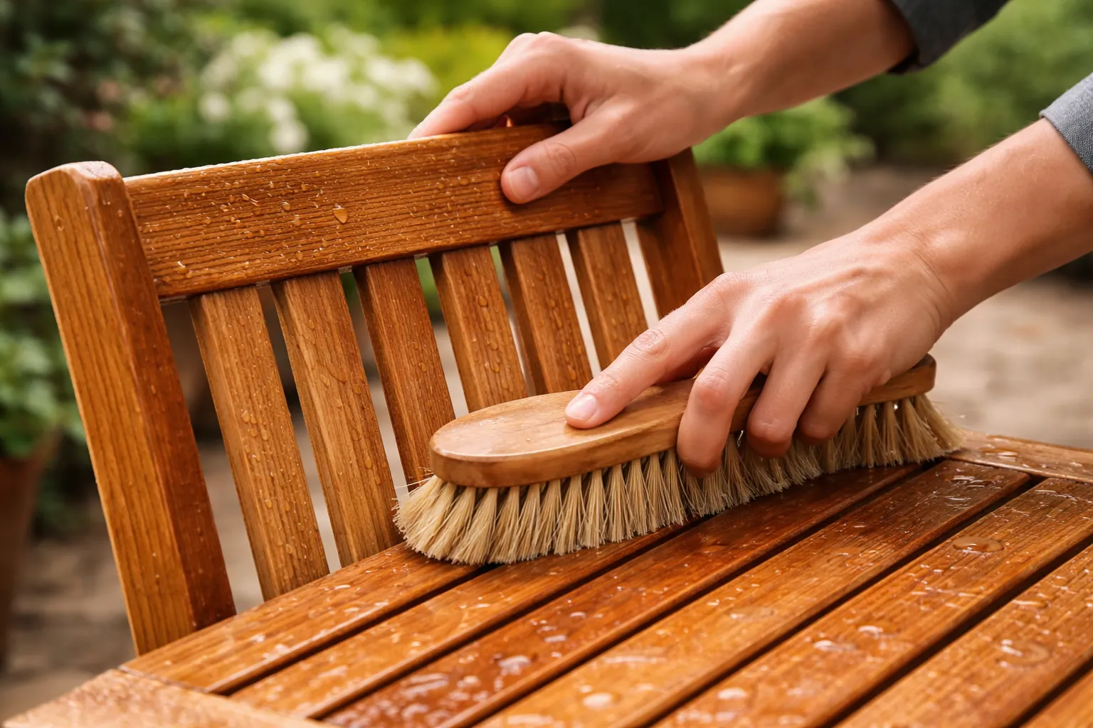 Gros plan sur des mains nettoyant avec une brosse souple les lames d'une chaise de jardin en bois de cèdre.