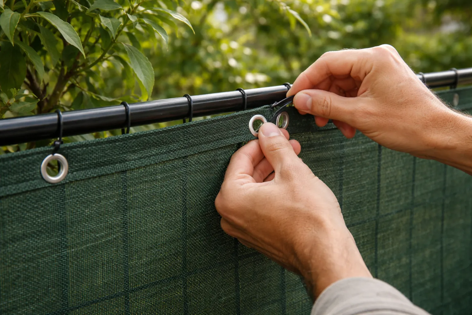 Gros plan sur des mains qui fixent une toile brise-vue sur un grillage avec des attaches.