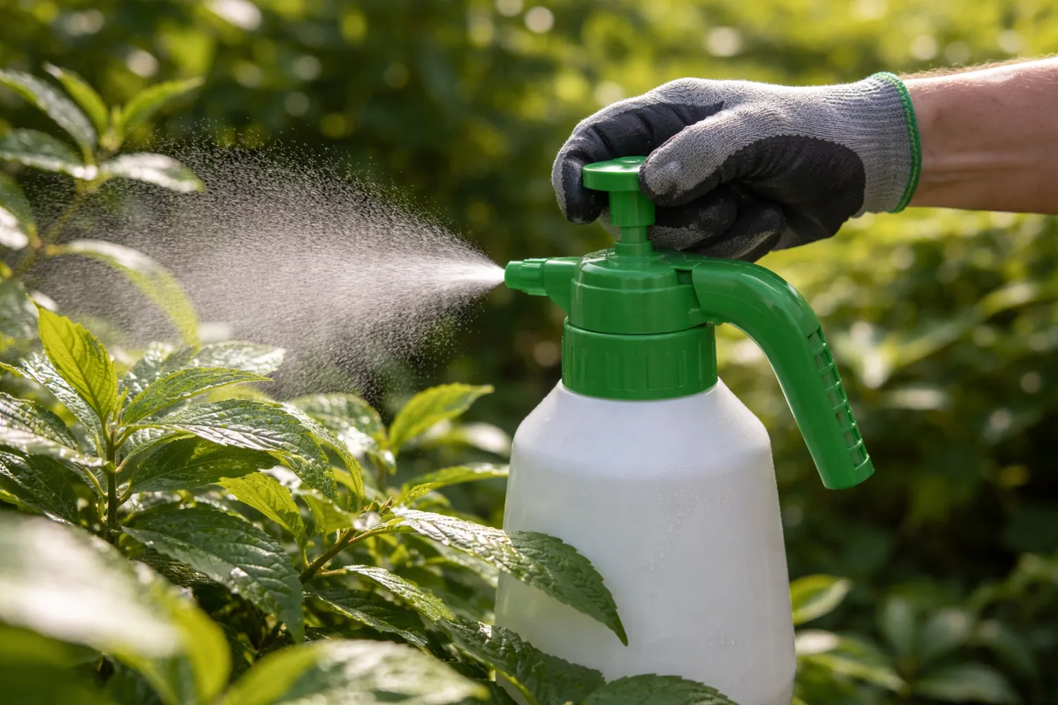 Gros plan sur une main gantée actionnant la pompe d'un pulvérisateur à pression préalable sans marque, fine brume au-dessus de feuilles.