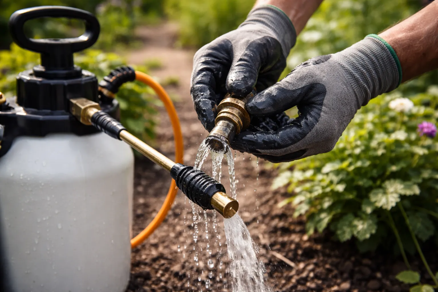 Gros plan sur des mains gantées rinçant la buse et la lance d'un pulvérisateur de jardin.