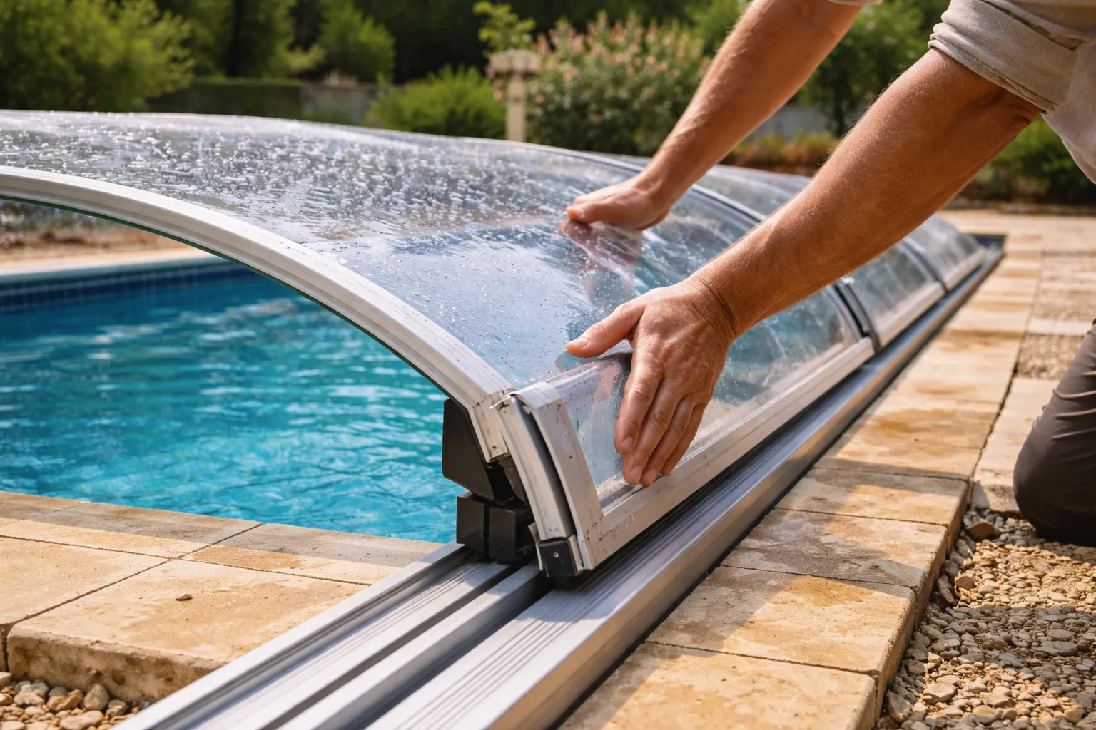 Gros plan sur des mains faisant coulisser le panneau d'un abri de piscine sur son rail.