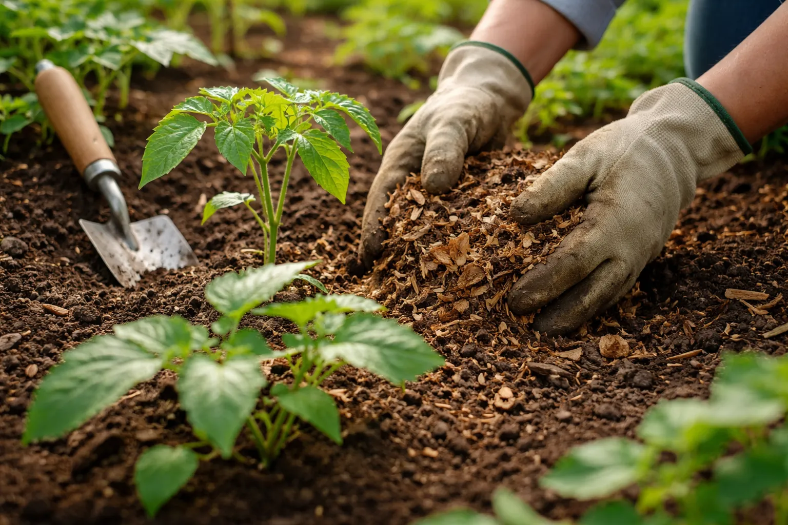 Gros plan sur des mains gantées déposant du paillage autour de jeunes plants de légumes.